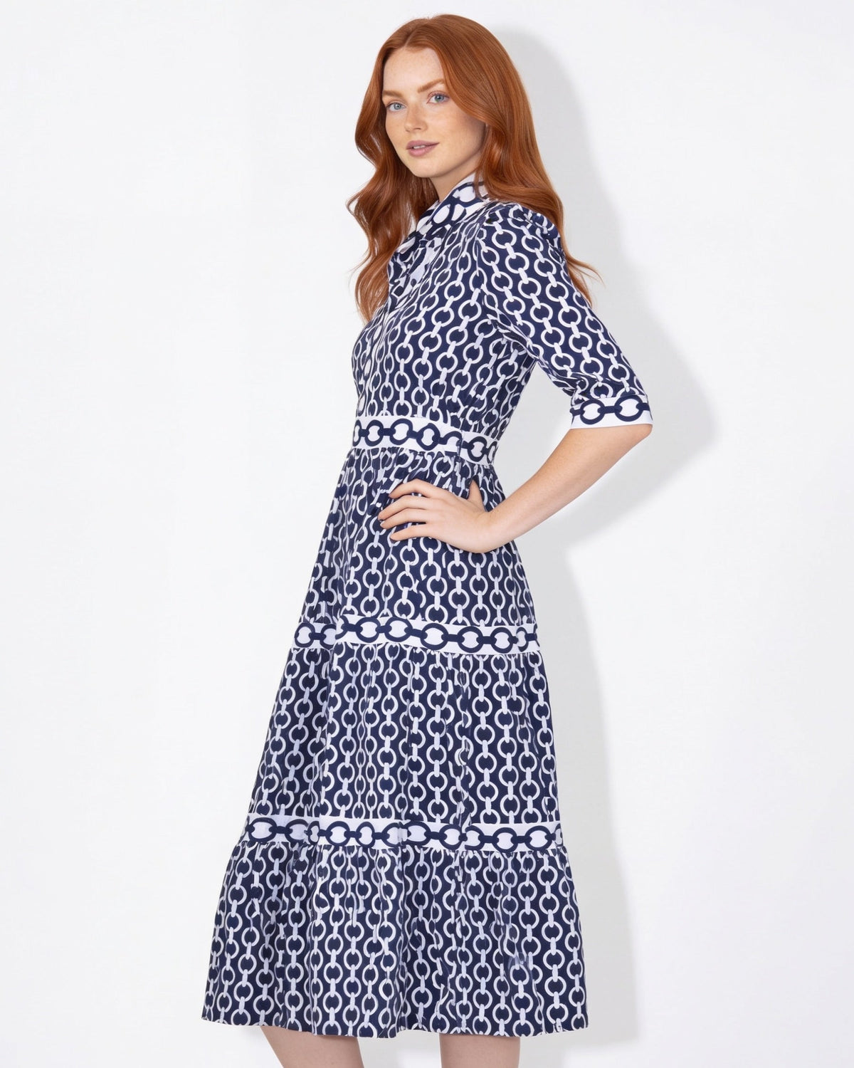 Chain-Link Print Tiered Shirt Dress
