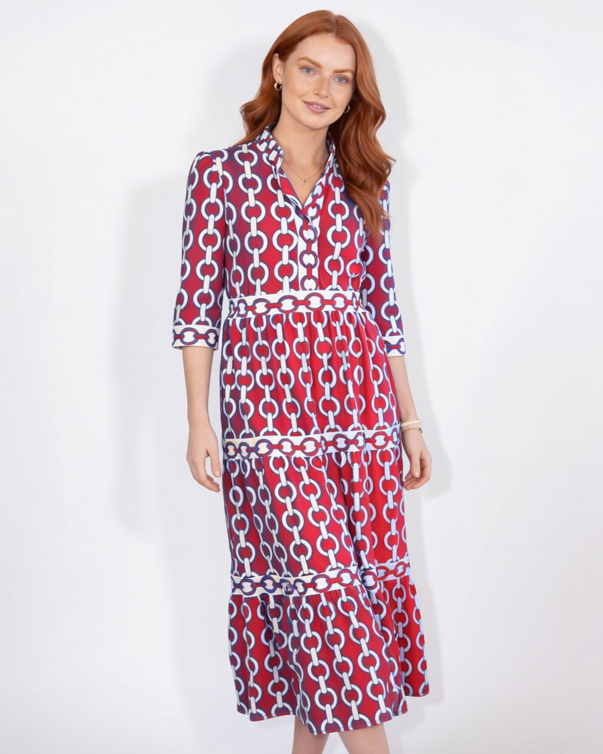 Chain-Link Print Tiered Shirt Dress