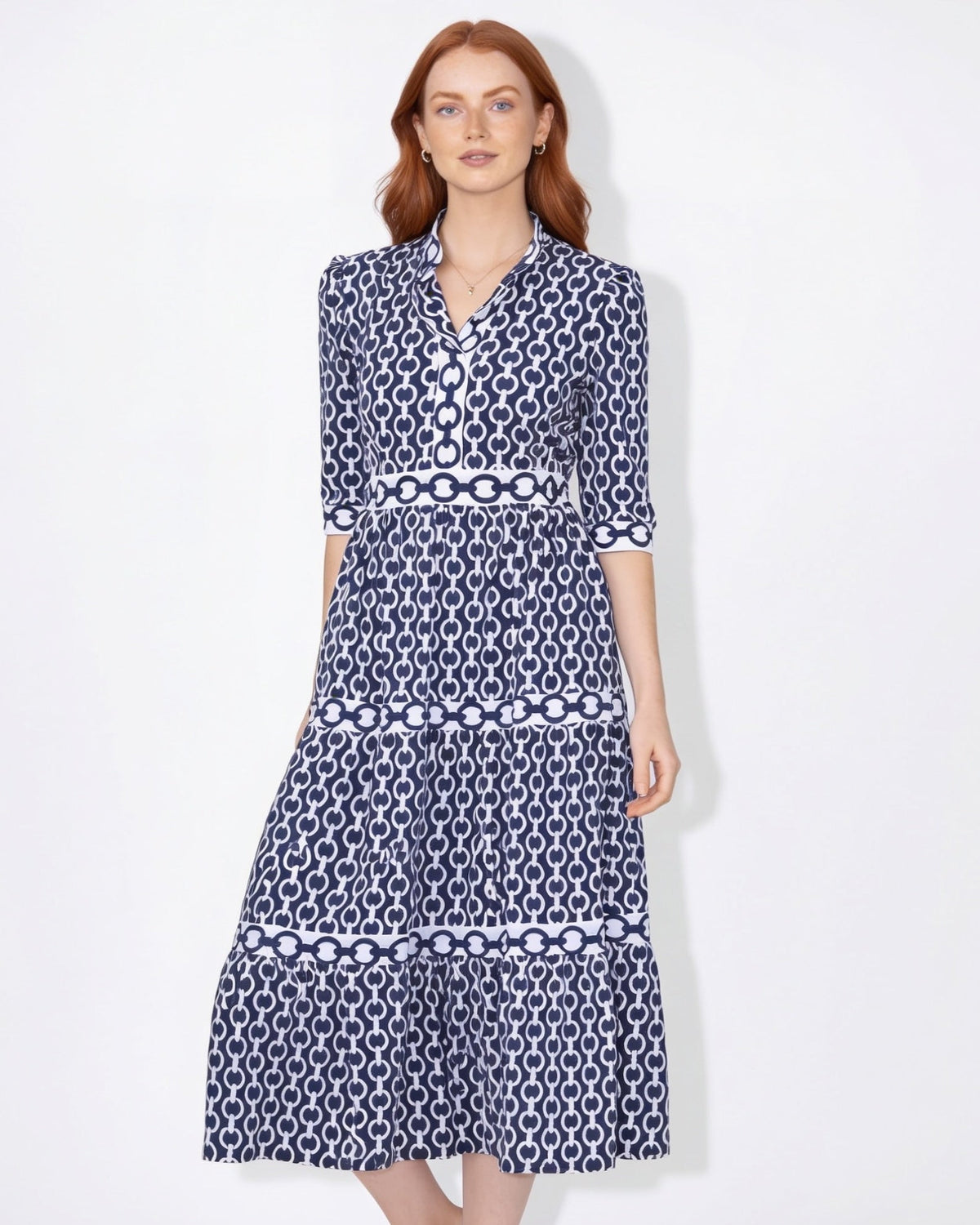Chain-Link Print Tiered Shirt Dress