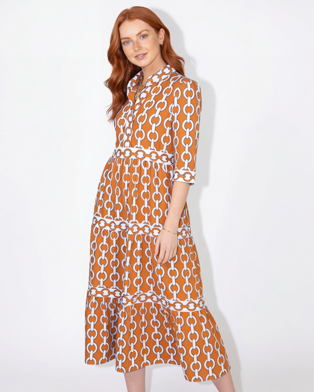 Chain-Link Print Tiered Shirt Dress