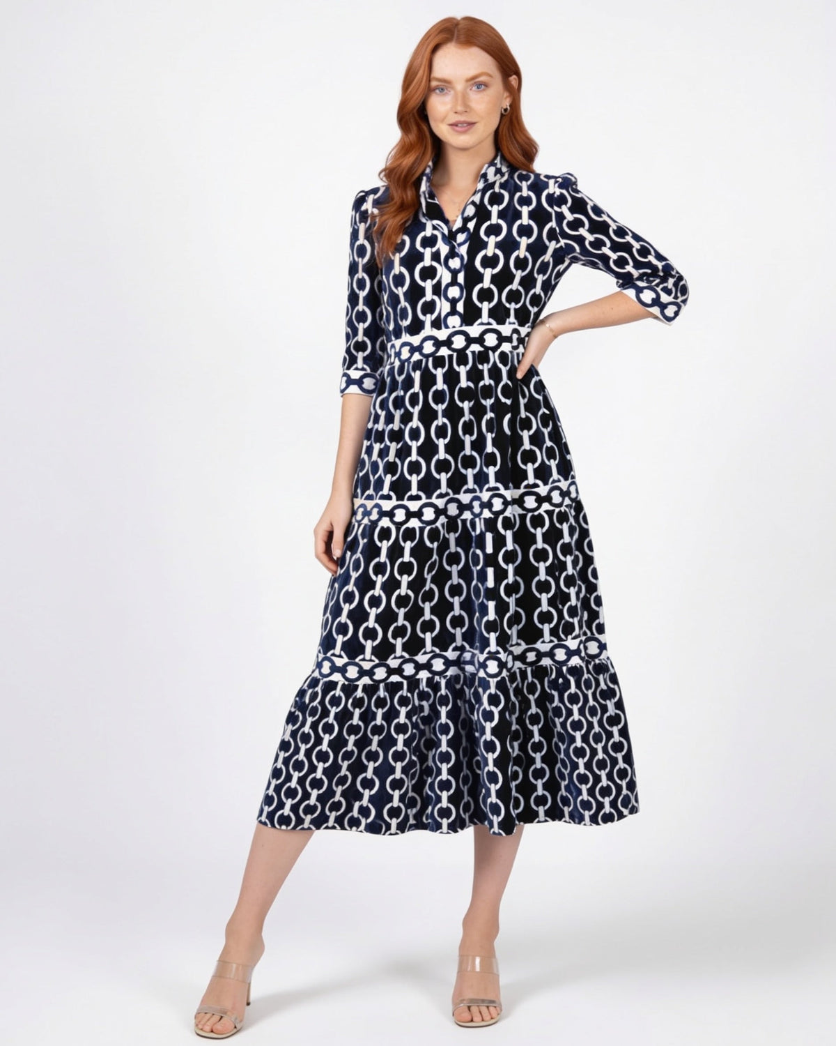 Chain-Link Print Tiered Shirt Dress