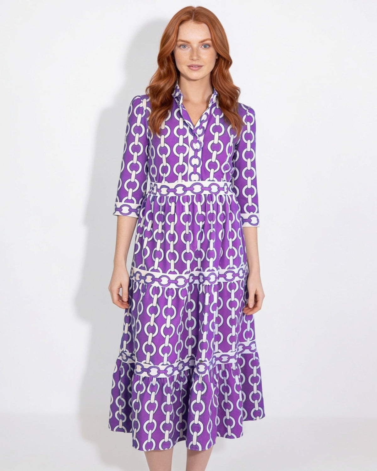 Chain-Link Print Tiered Shirt Dress