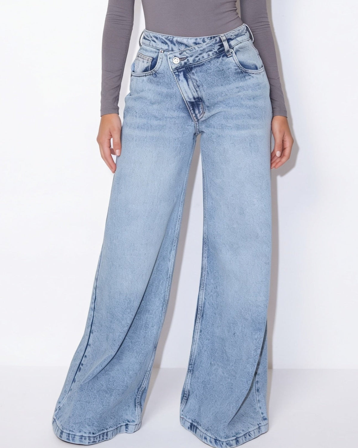 Cotton Crossover Waist Wide-Leg Jeans