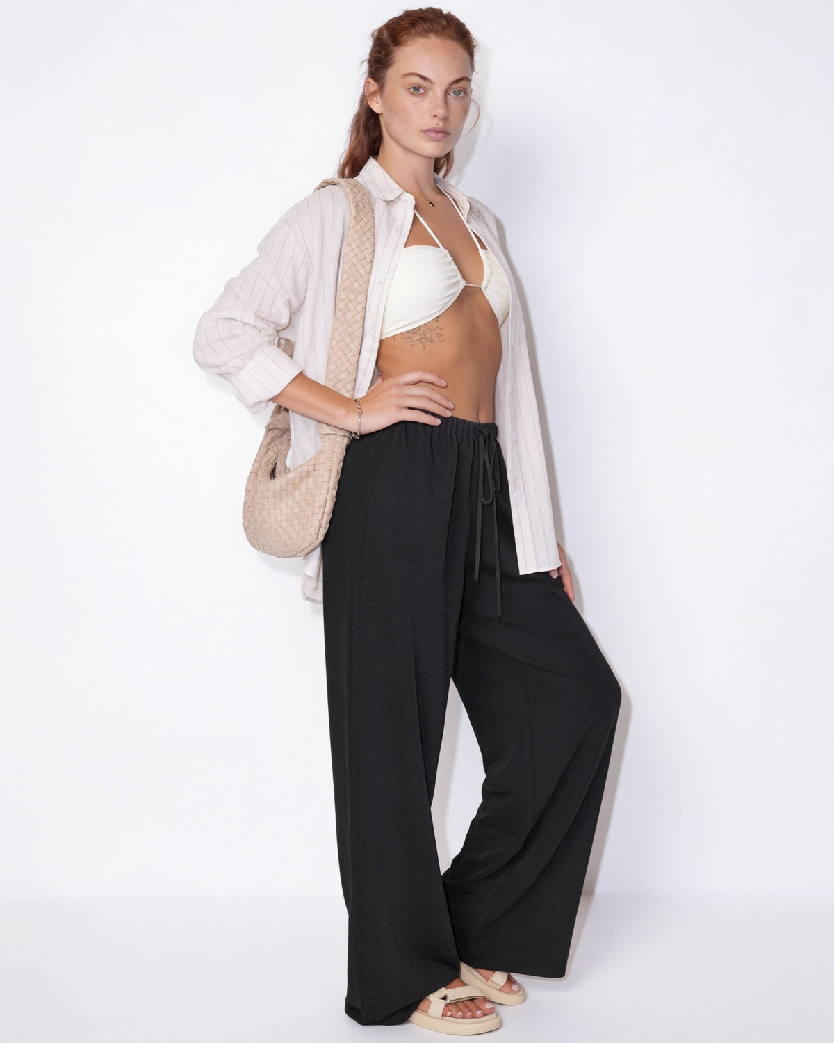 High-Waisted Drawstring Palazzo Trousers