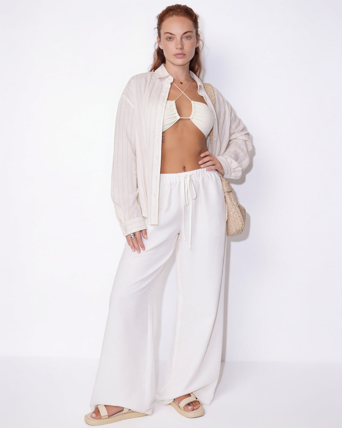 High-Waisted Drawstring Palazzo Trousers