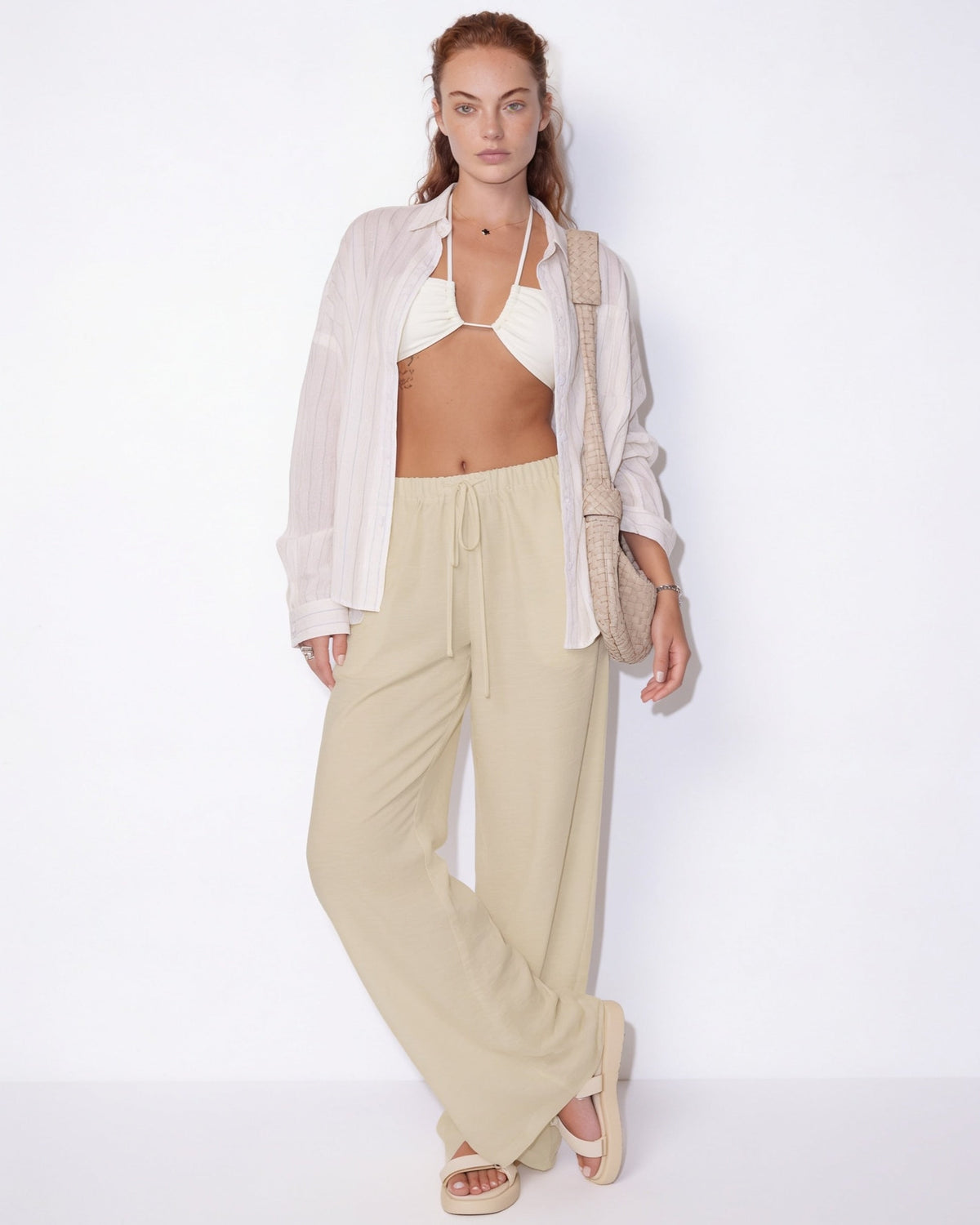 High-Waisted Drawstring Palazzo Trousers