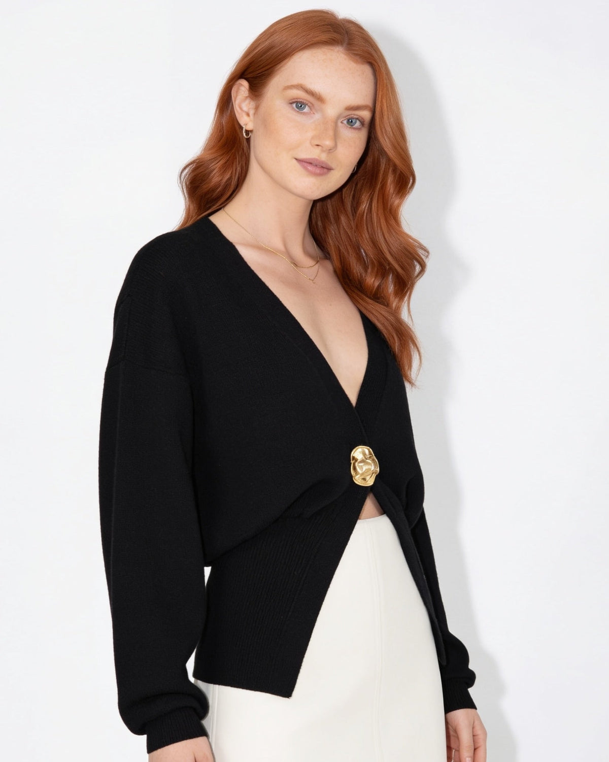 V-Neck Metallic-Button Split-Hem Cardigan