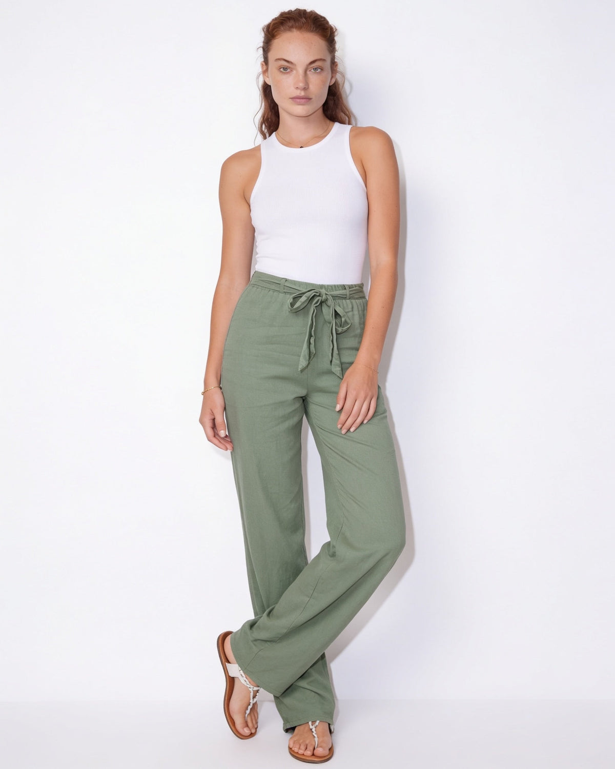 Cotton Linen Tie-Waist Wide-Leg Trousers