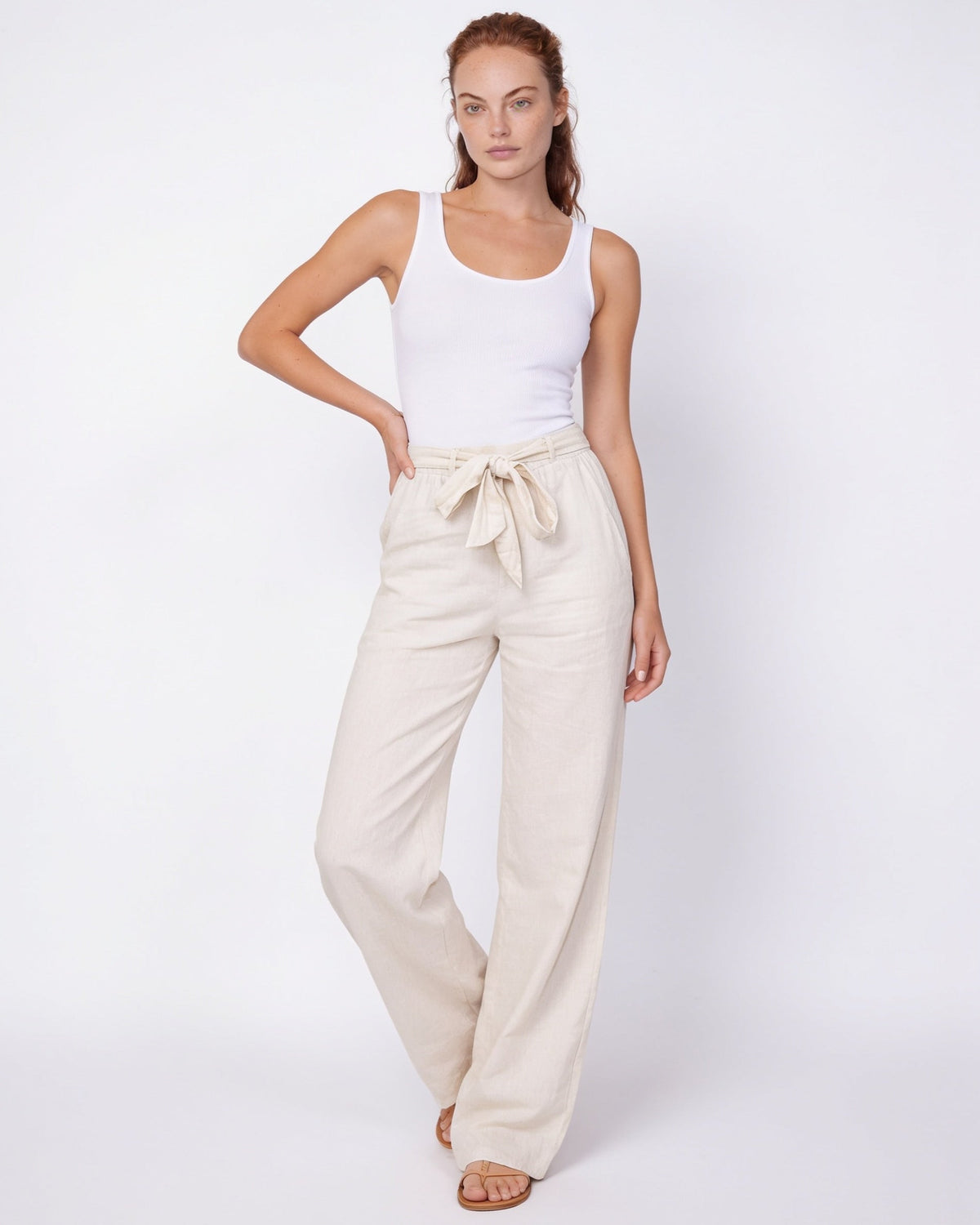 Cotton Linen Tie-Waist Wide-Leg Trousers