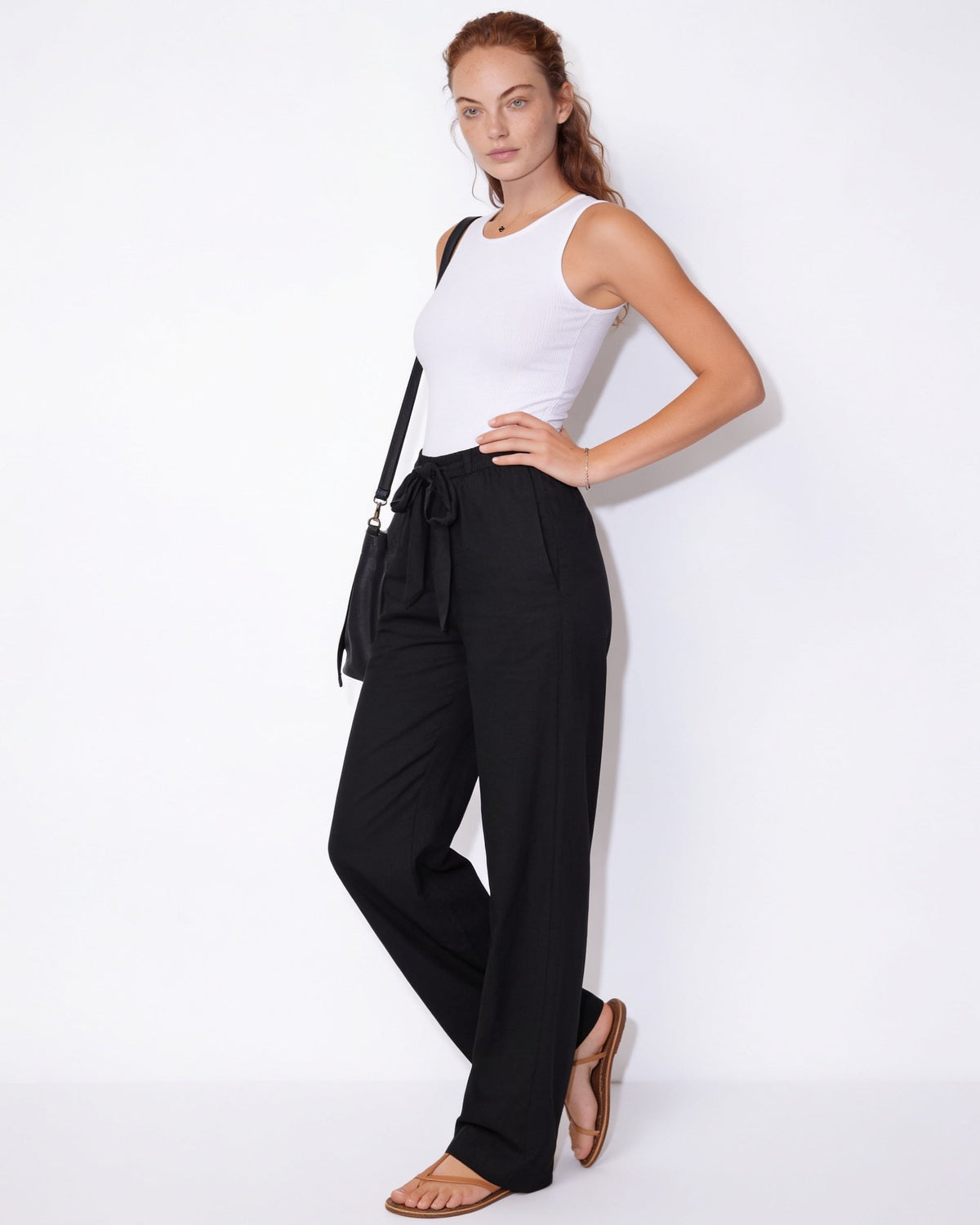Cotton Linen Tie-Waist Wide-Leg Trousers