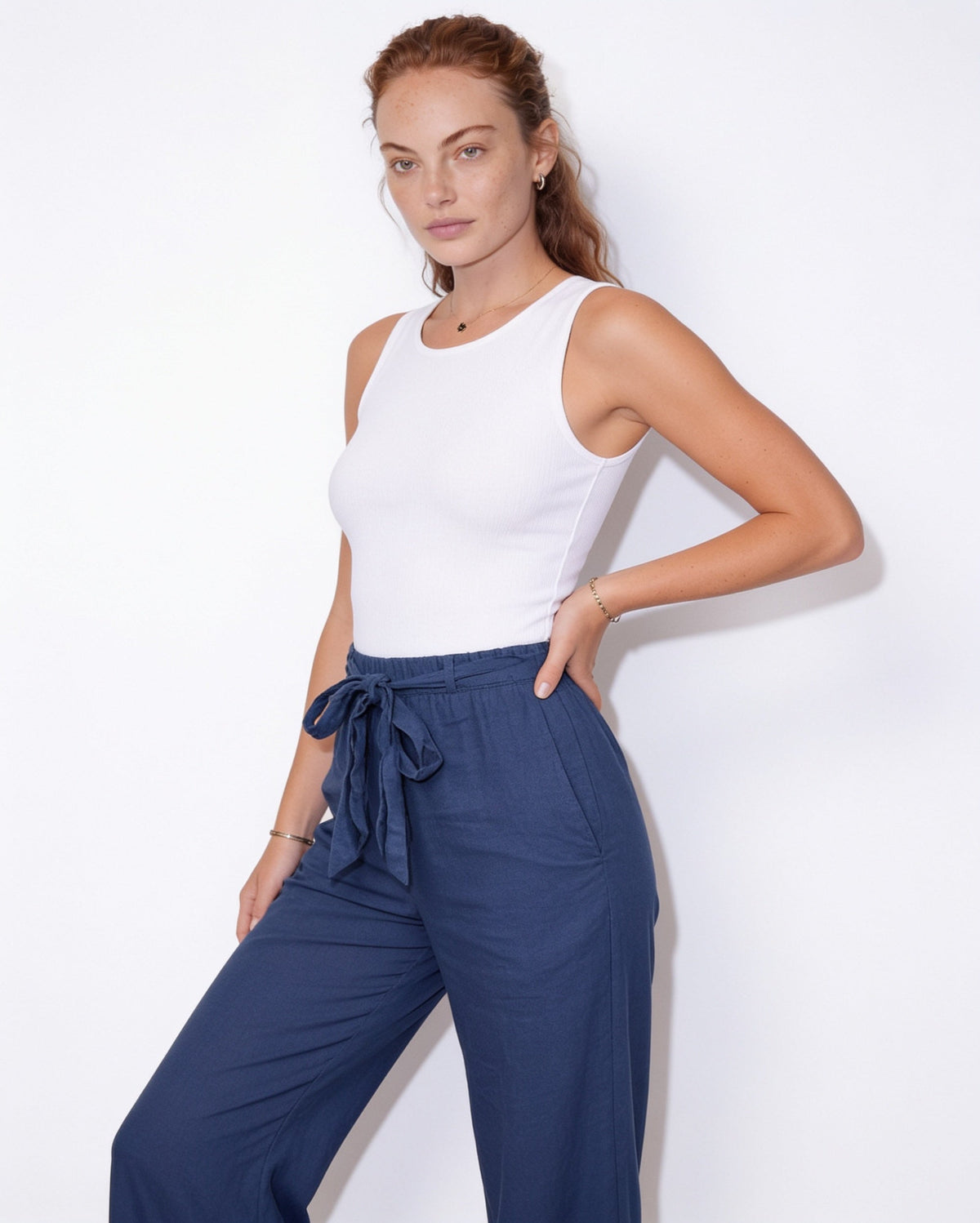 Cotton Linen Tie-Waist Wide-Leg Trousers