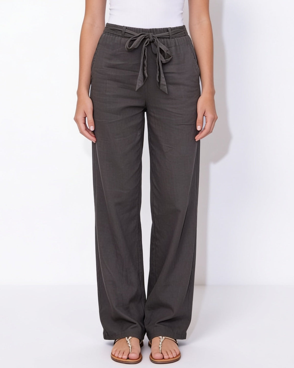 Cotton Linen Tie-Waist Wide-Leg Trousers