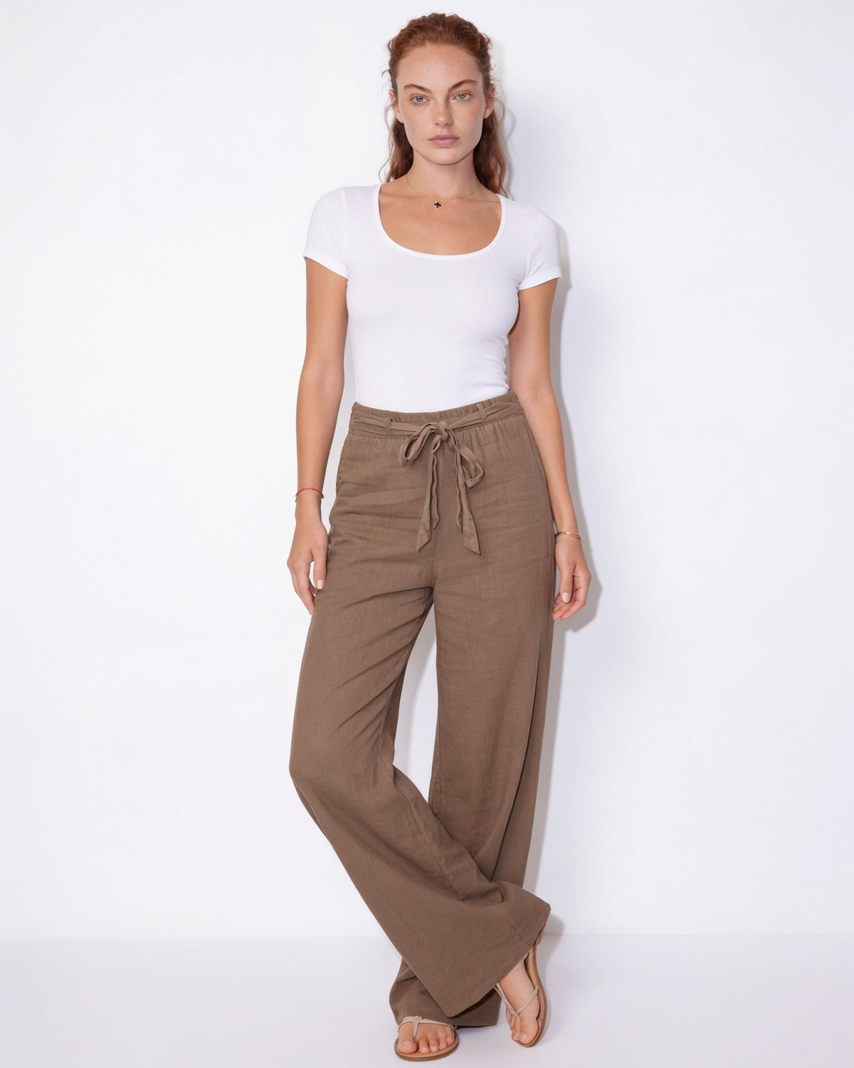 Cotton Linen Tie-Waist Wide-Leg Trousers