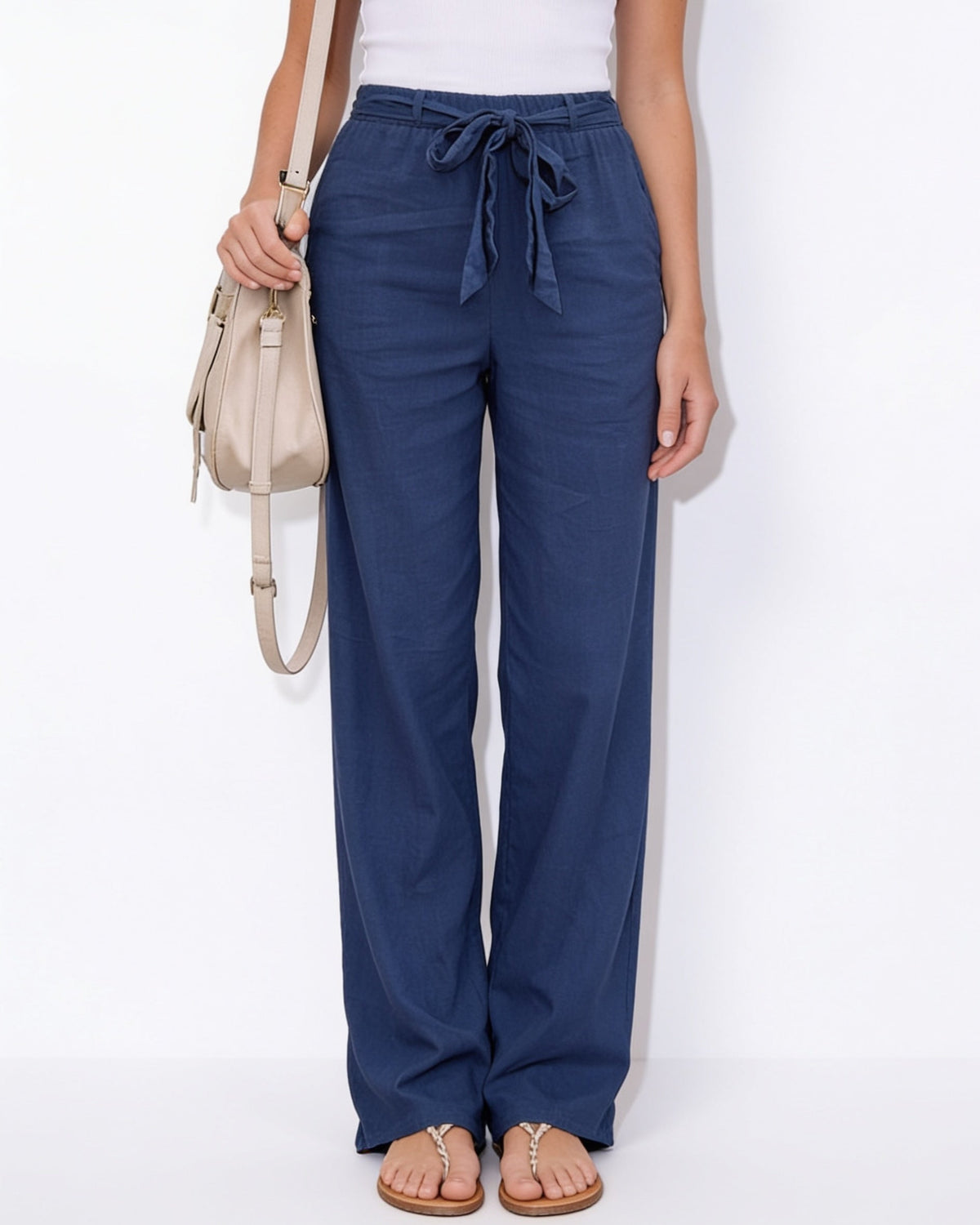 Cotton Linen Tie-Waist Wide-Leg Trousers