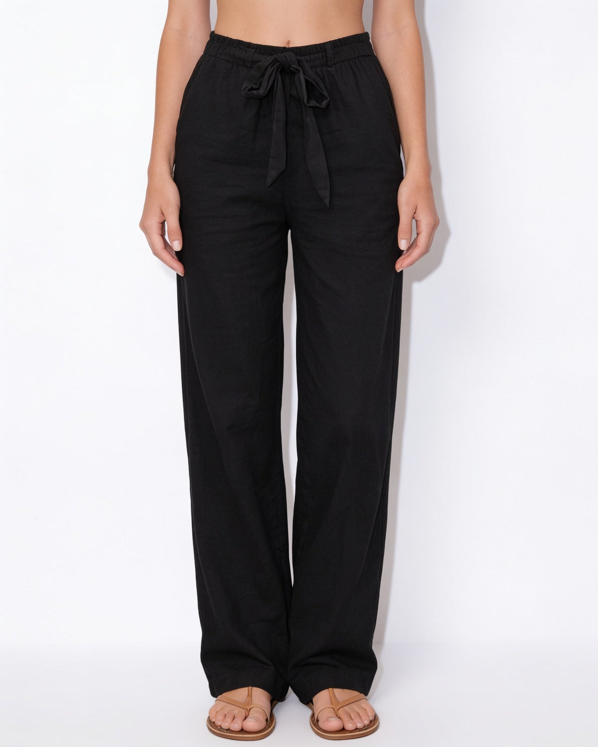 Cotton Linen Tie-Waist Wide-Leg Trousers