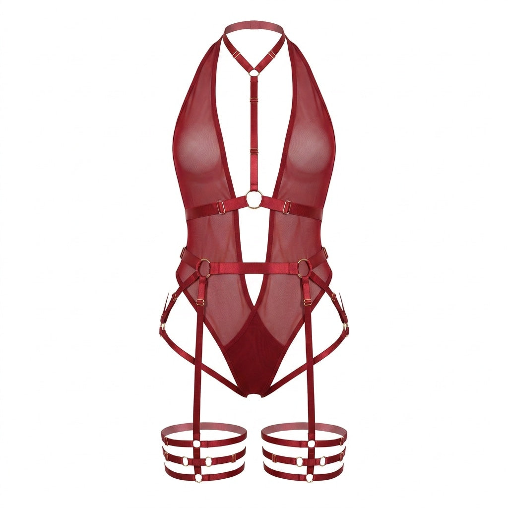 Strappy Halter Bodysuit With Garter Belt