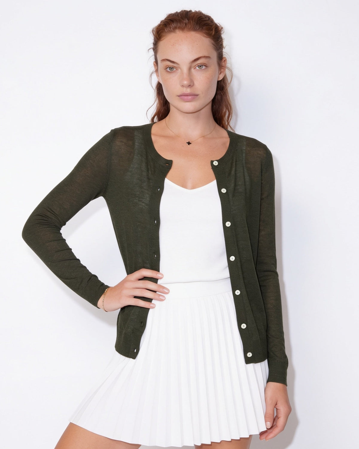 Fitted Button-Front Round-Neck Cardigan