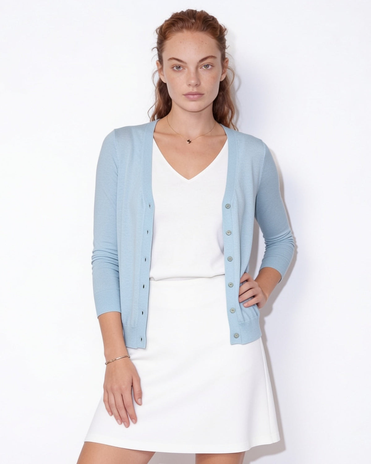 Fitted Button-Front Round-Neck Cardigan