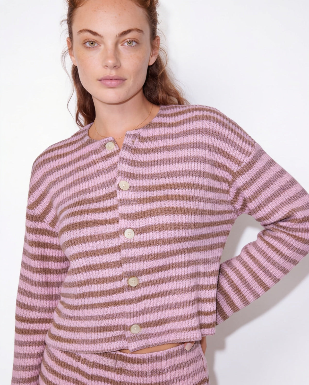 Striped Button-Front Ribbed Knit Co-ord