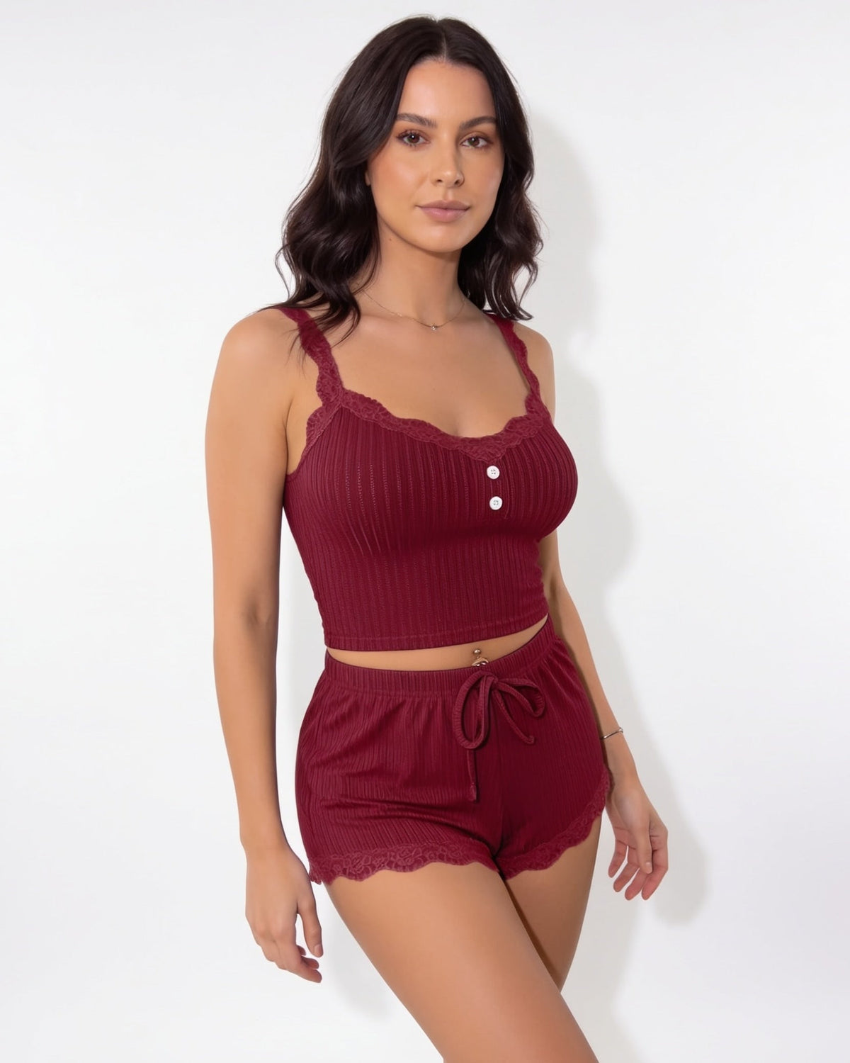 Lace-Trim Ribbed Pyjama Set