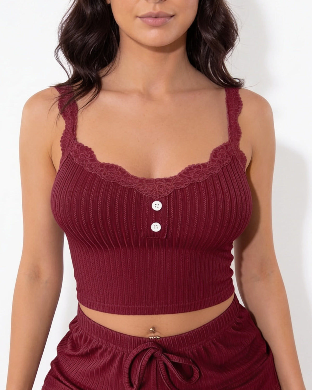 Lace-Trim Ribbed Pyjama Set