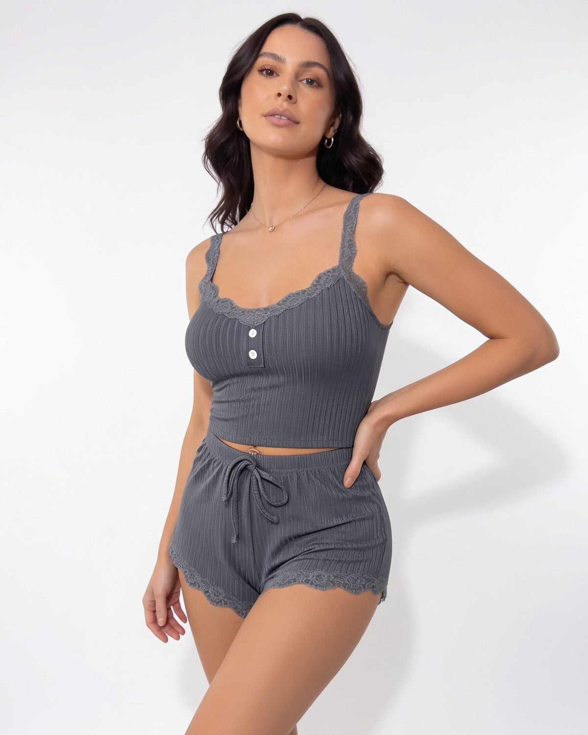 Lace-Trim Ribbed Pyjama Set