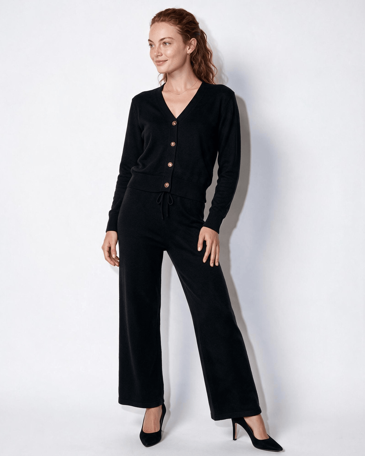 V-Neck Button Cardigan Knit Set