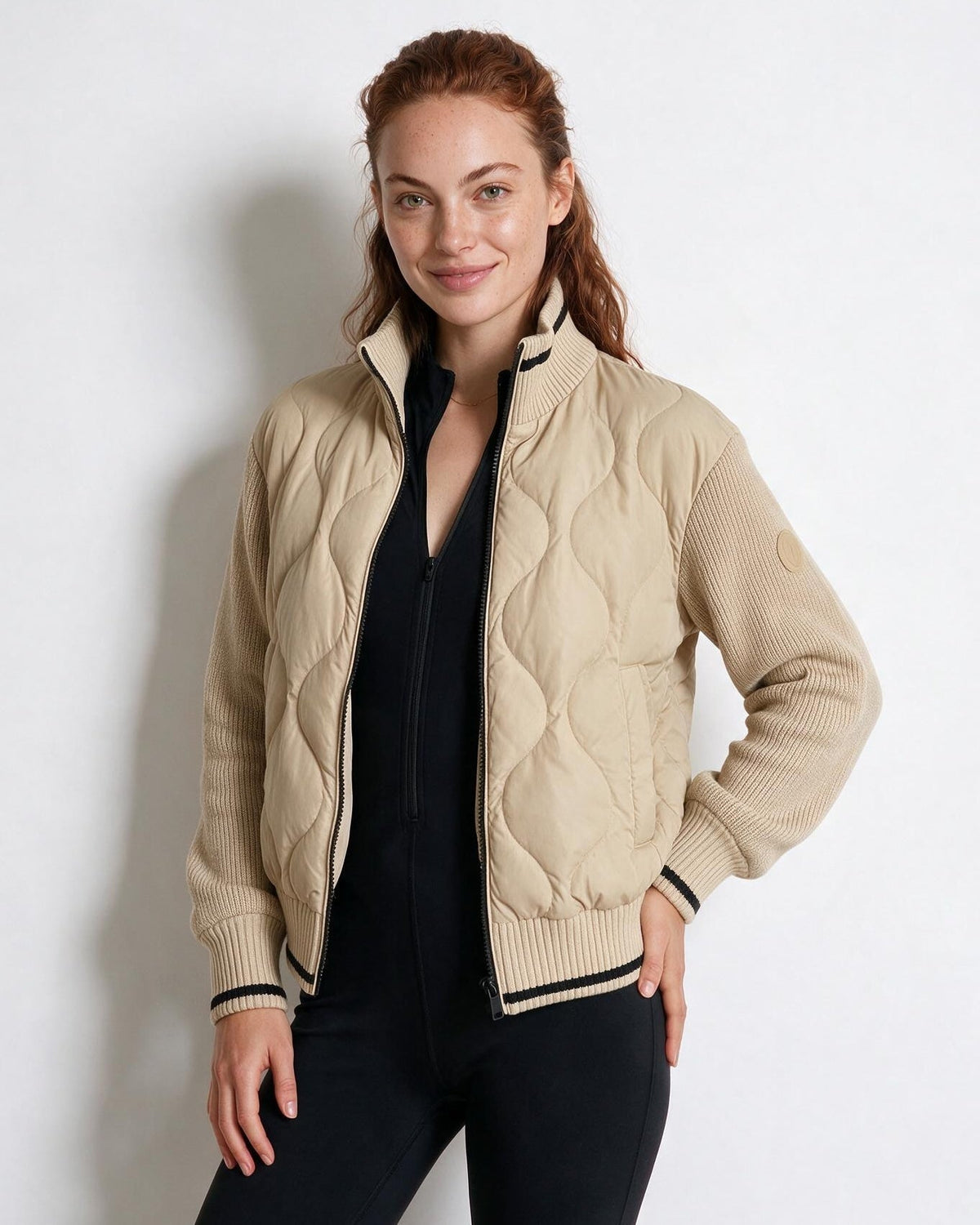 Wave Quilted Knit-Sleeve Bomber Jacket