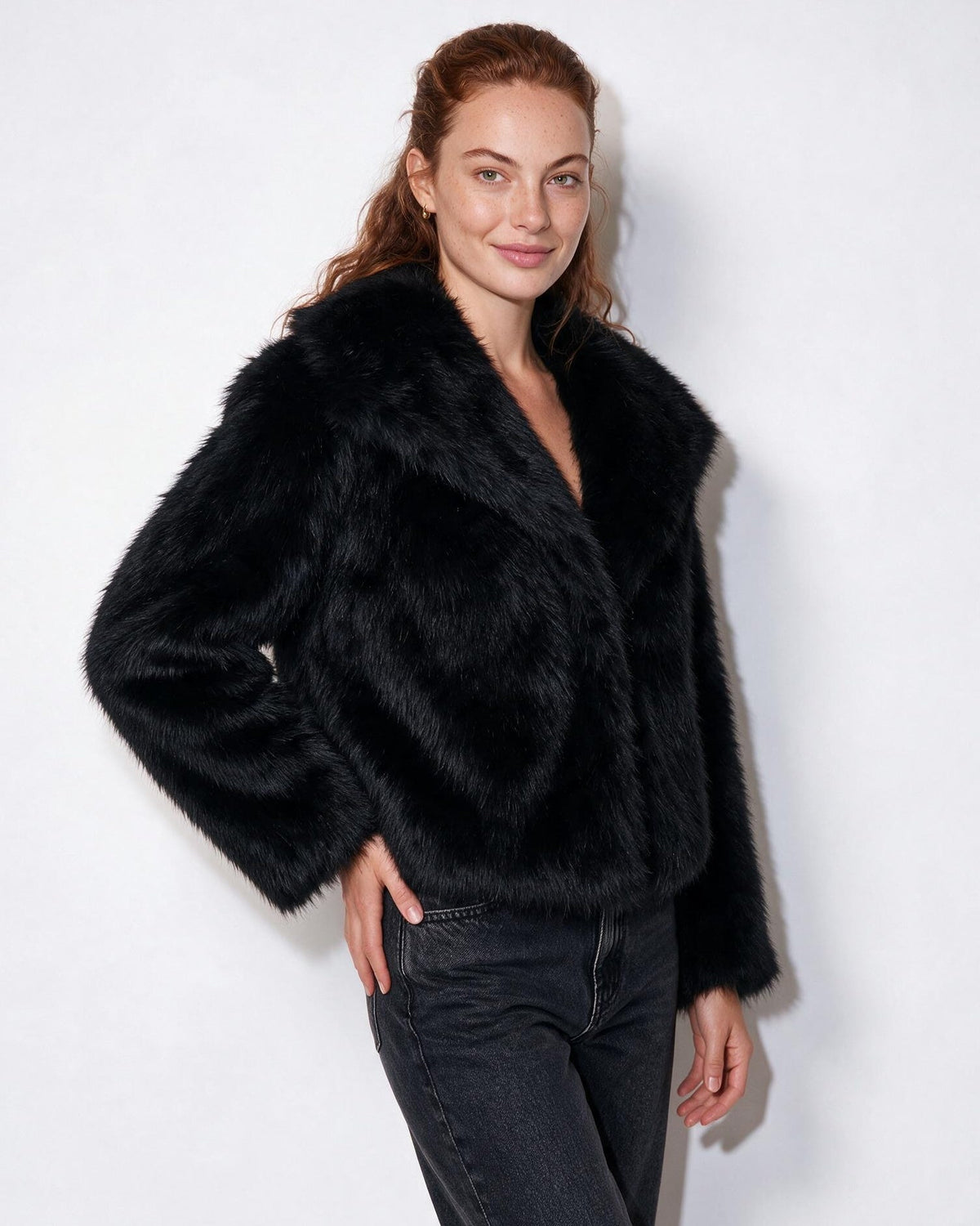 Shawl Collar Dolman Sleeve Faux Fur Jacket