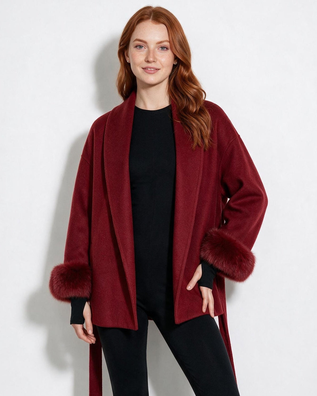 Wool Faux Fur Cuff Wrap Coat