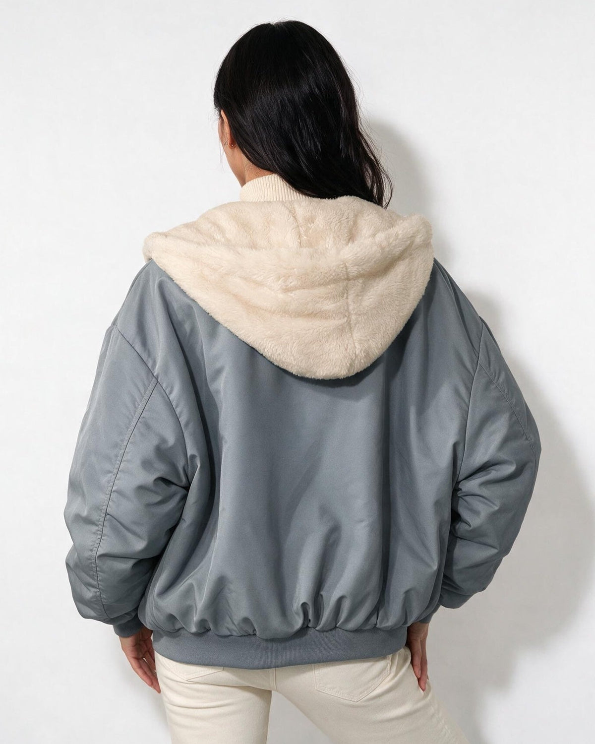 Oversized Sherpa-Lined Hooded Bomber Jacket