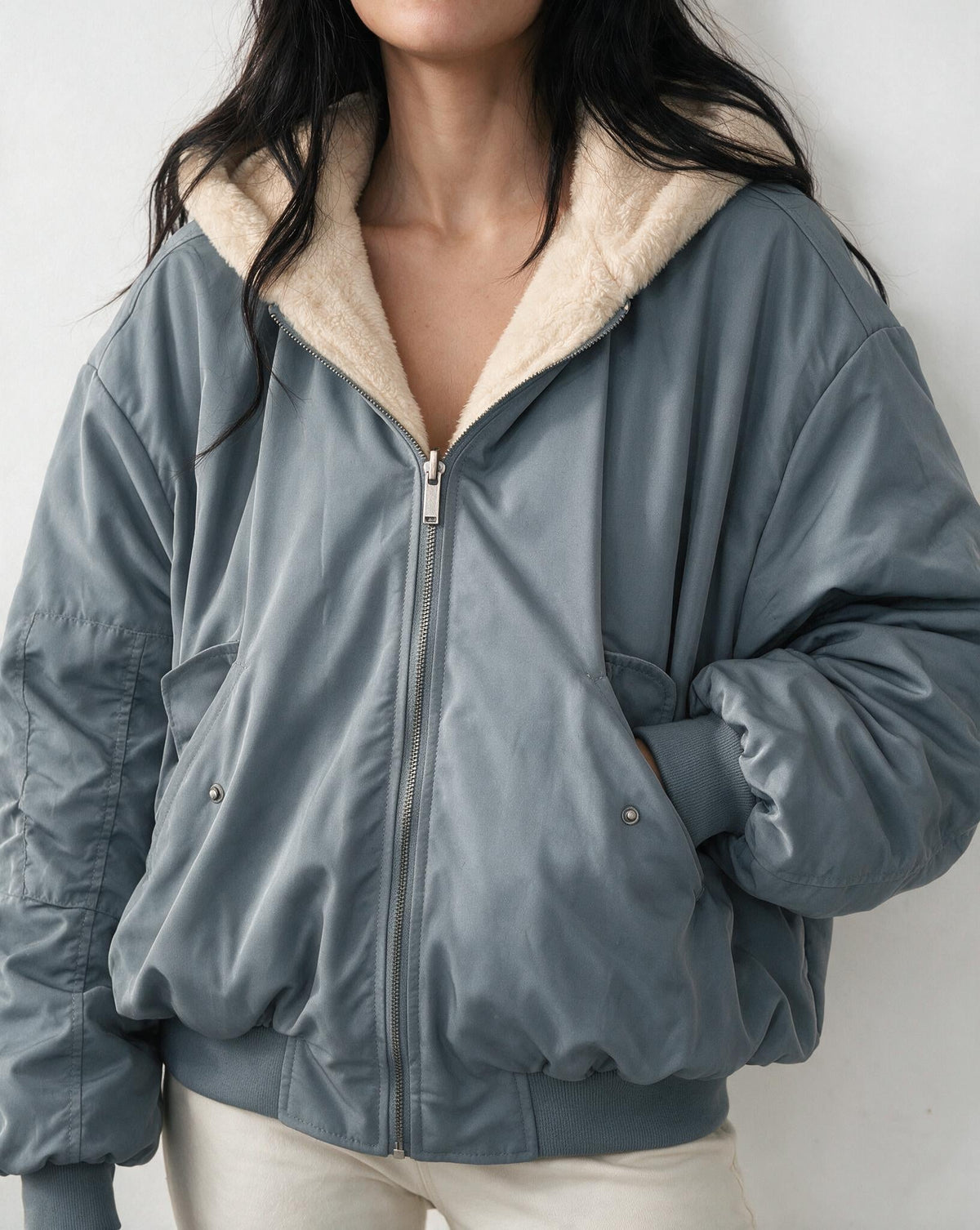 Oversized Sherpa-Lined Hooded Bomber Jacket