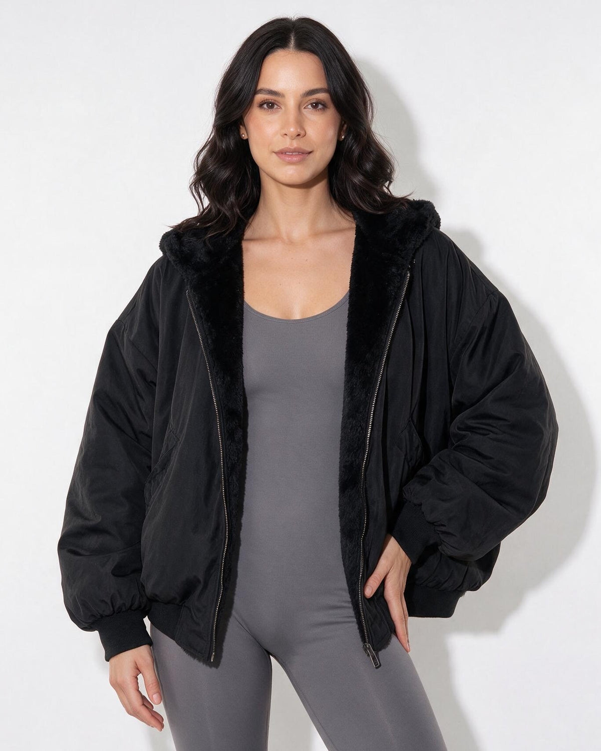 Oversized Sherpa-Lined Hooded Bomber Jacket