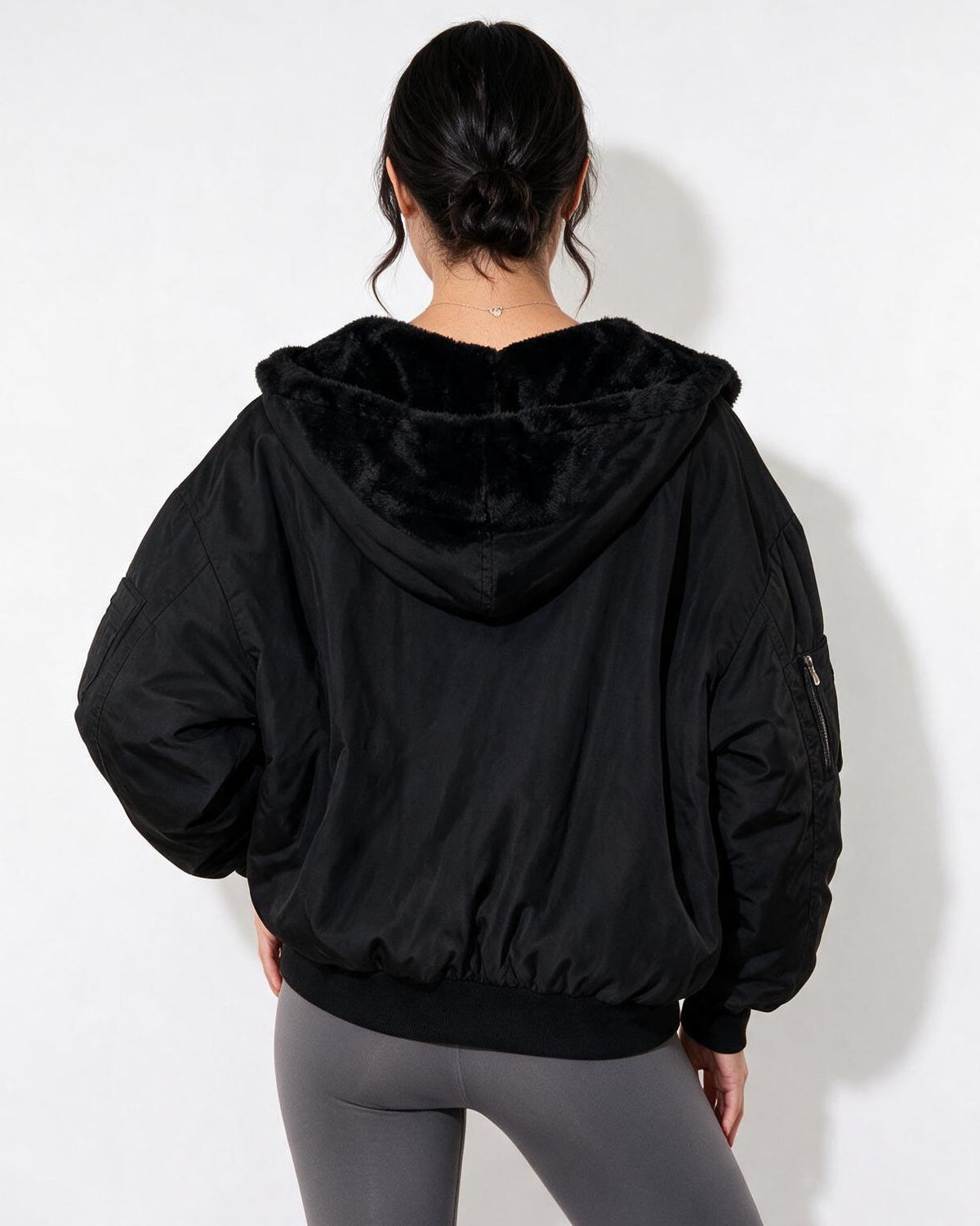 Oversized Sherpa-Lined Hooded Bomber Jacket