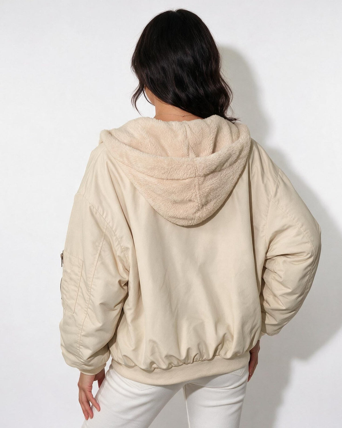 Oversized Sherpa-Lined Hooded Bomber Jacket