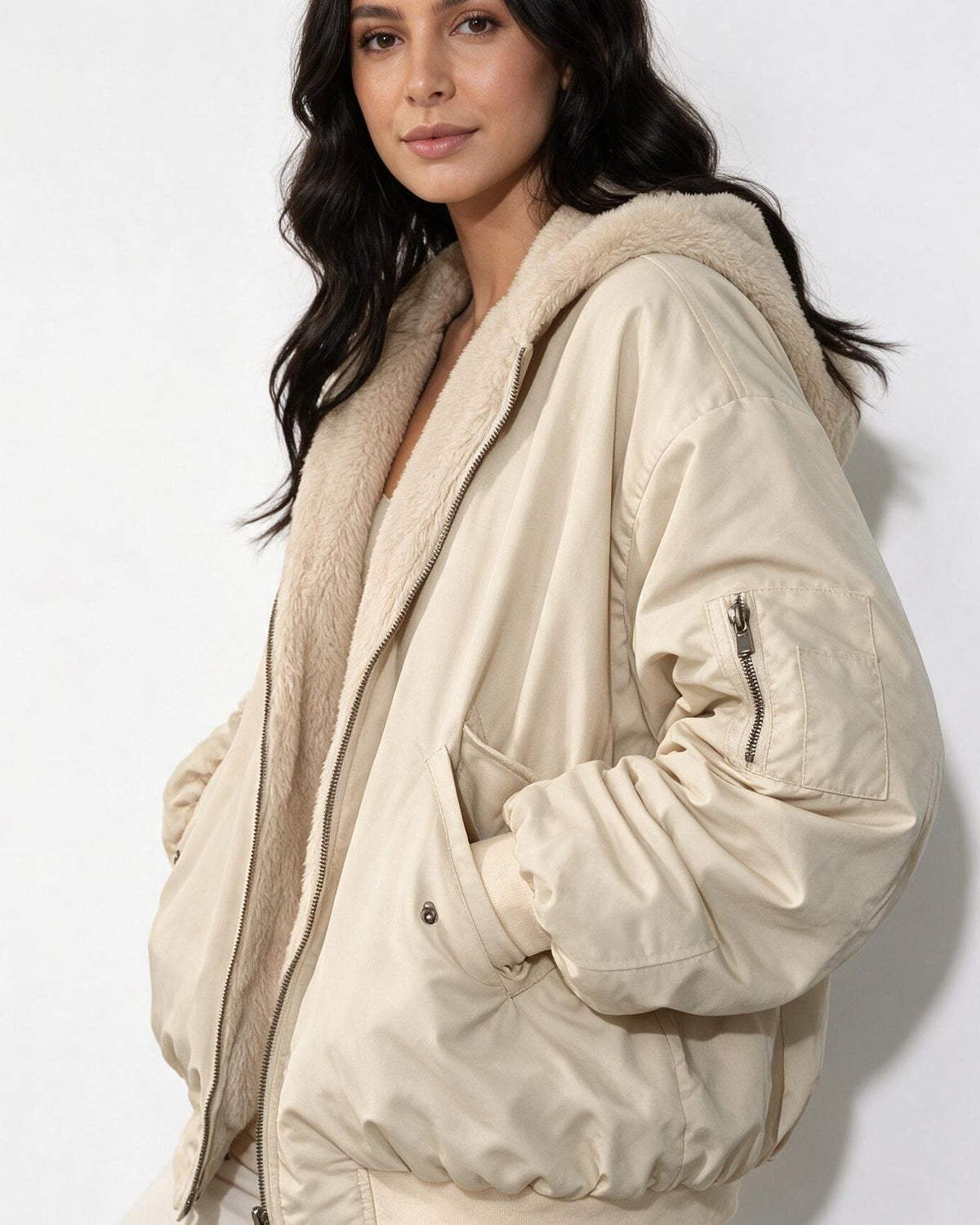 Oversized Sherpa-Lined Hooded Bomber Jacket