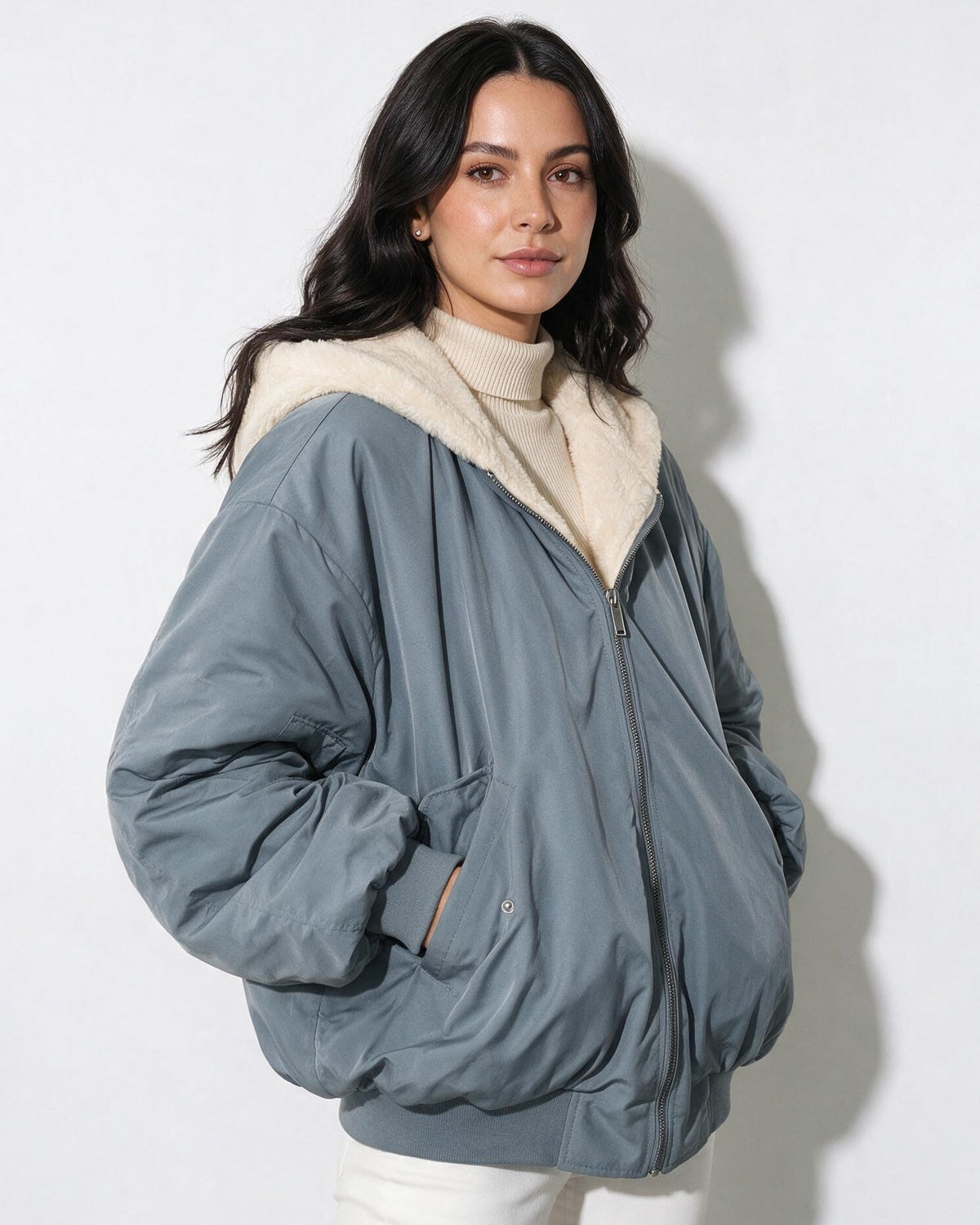 Oversized Sherpa-Lined Hooded Bomber Jacket