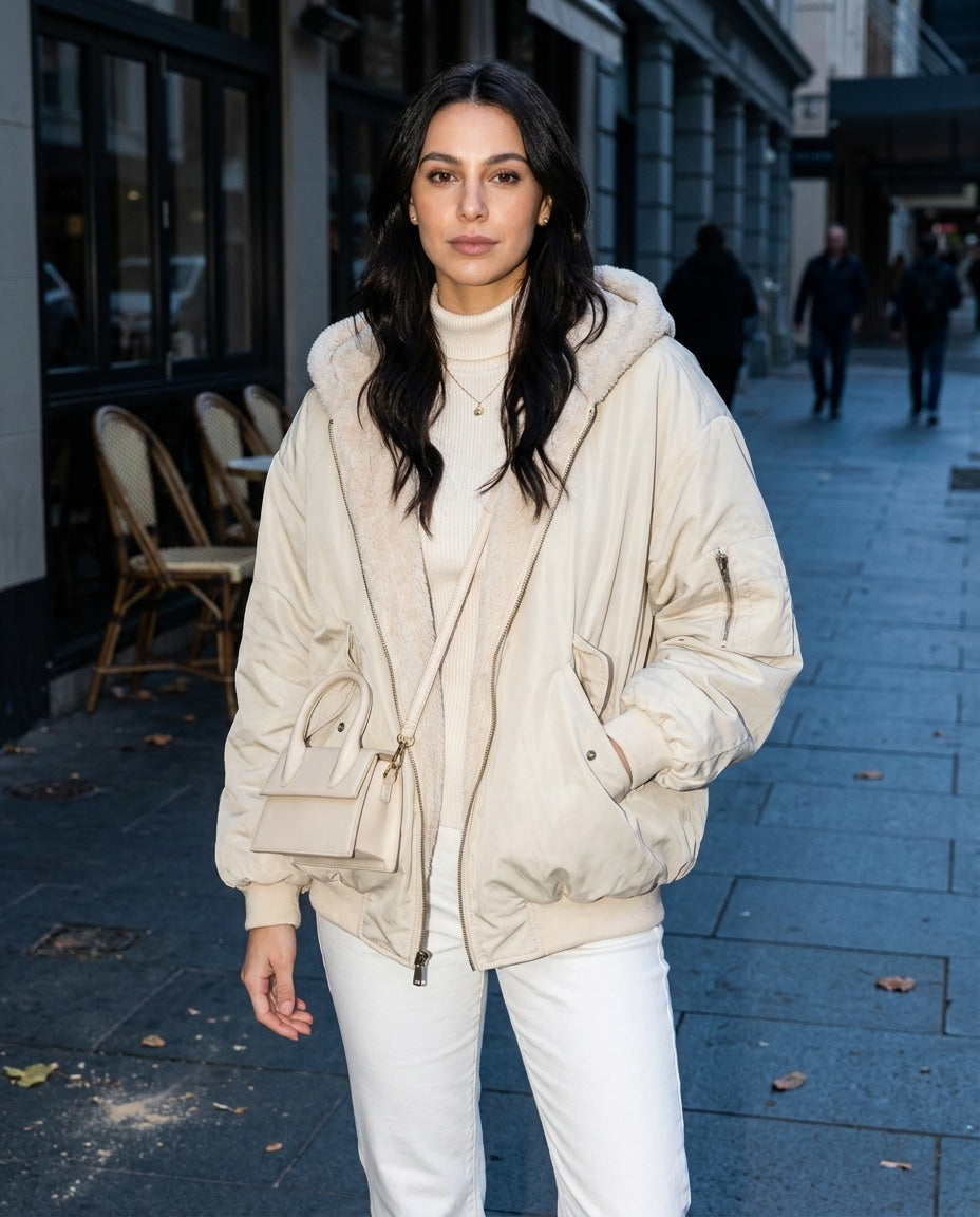 Oversized Sherpa-Lined Hooded Bomber Jacket