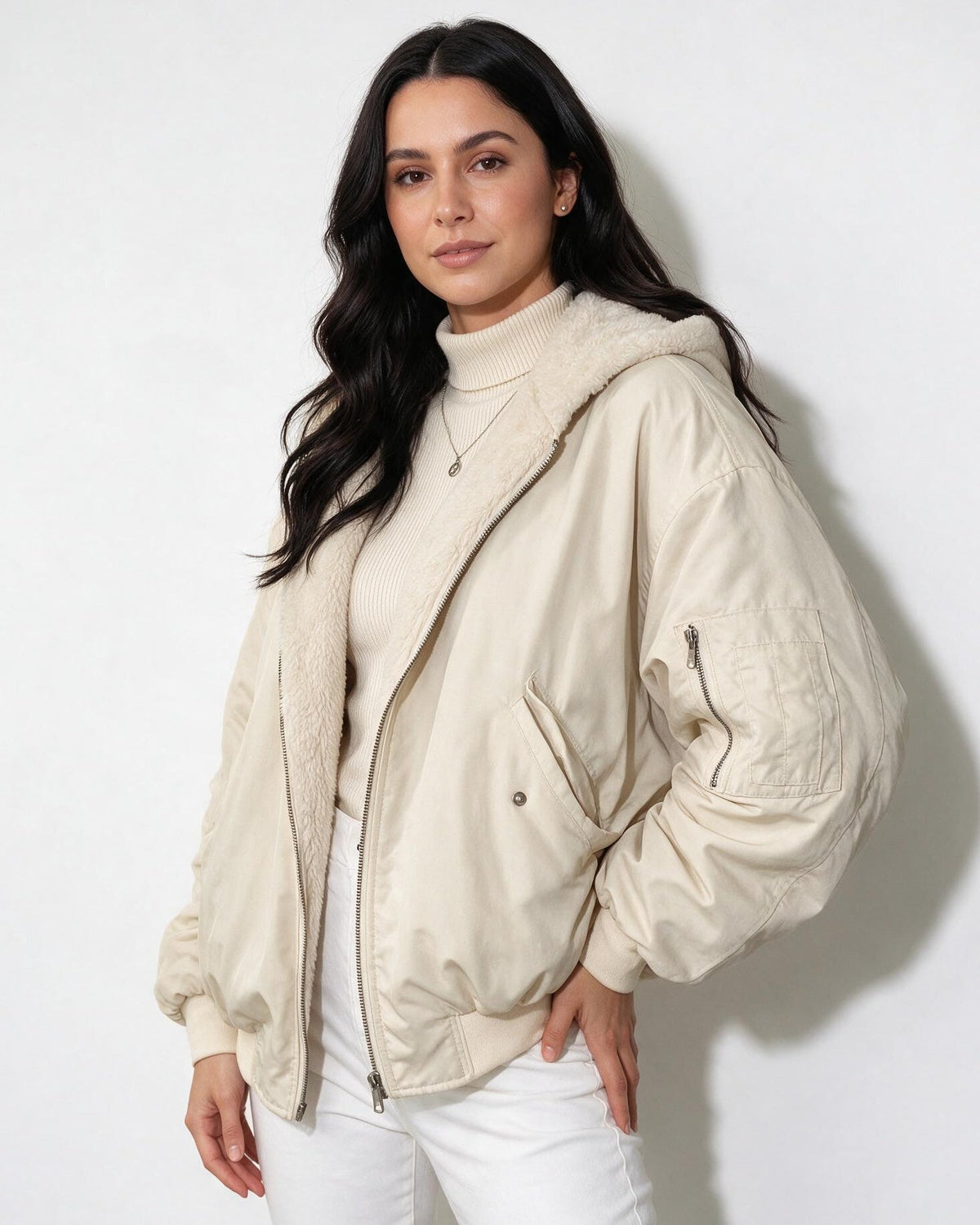 Oversized Sherpa-Lined Hooded Bomber Jacket