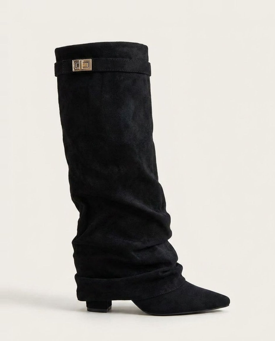Buckle Strap Slouchy Knee-High Boots