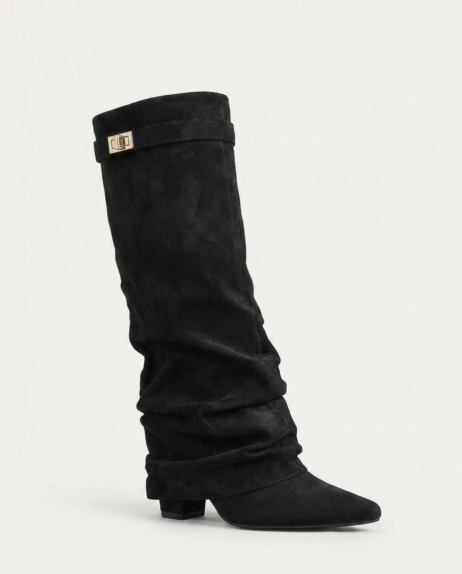 Buckle Strap Slouchy Knee-High Boots