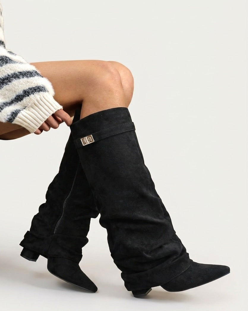 Buckle Strap Slouchy Knee-High Boots
