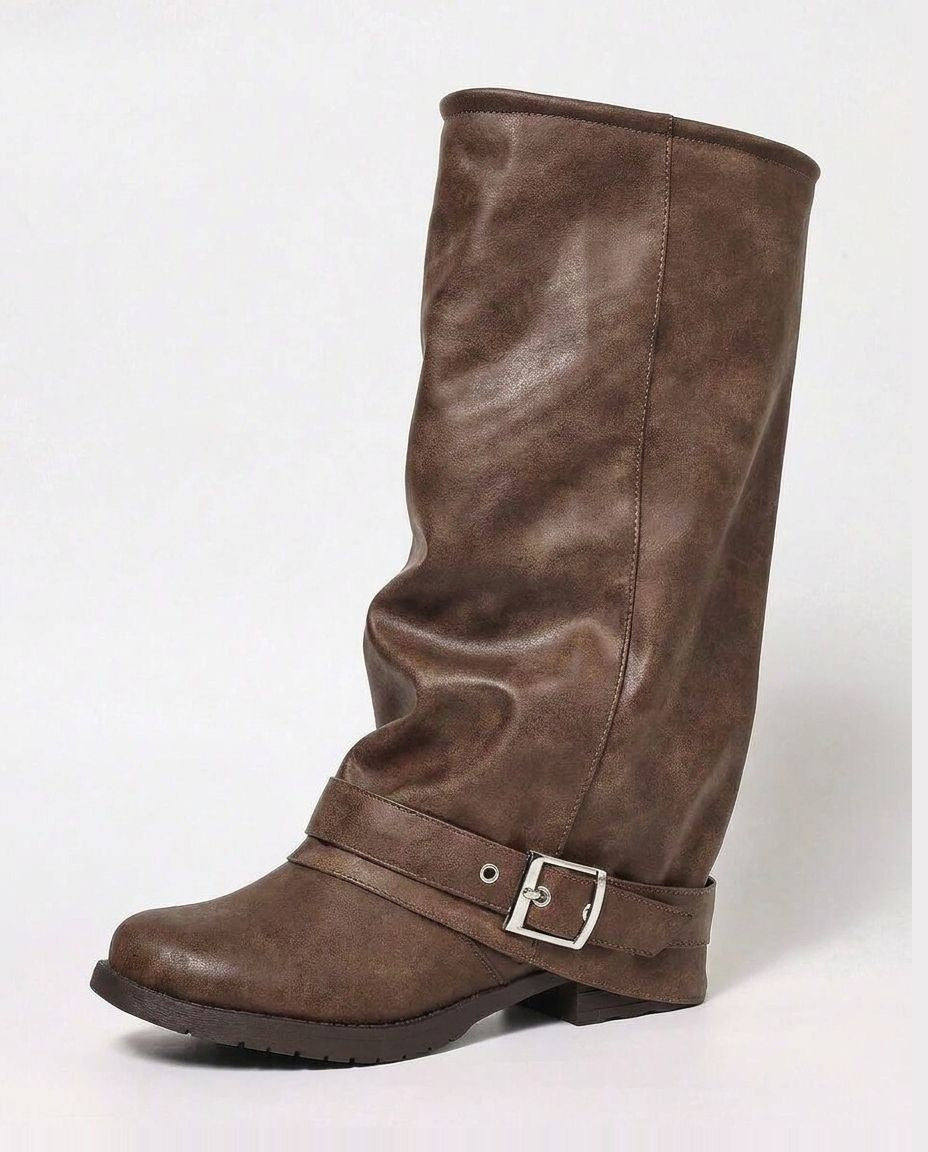 Slouchy Buckle Strap Knee-High Boots