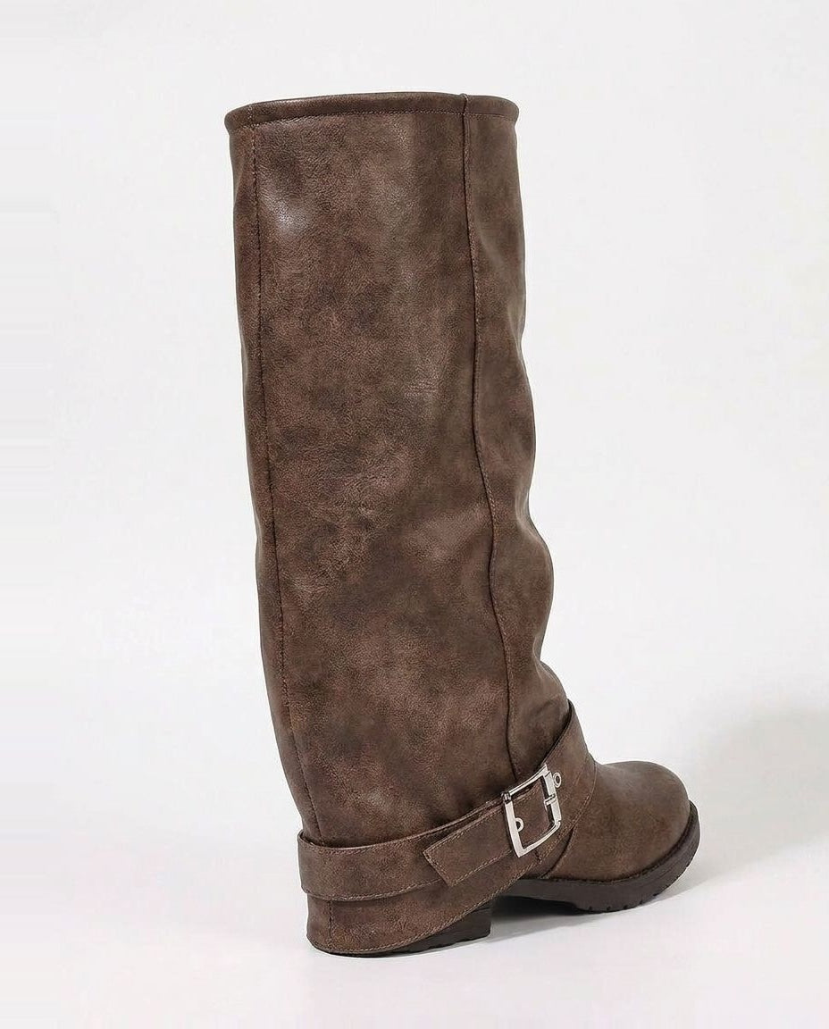 Slouchy Buckle Strap Knee-High Boots