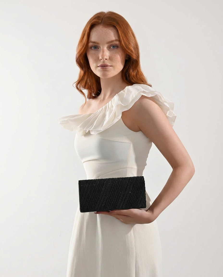 Pleated Metallic-Trim Clutch Bag
