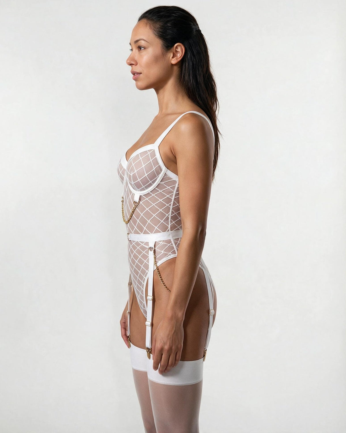 Diamond Mesh Underwire Bodysuit With Garter Straps