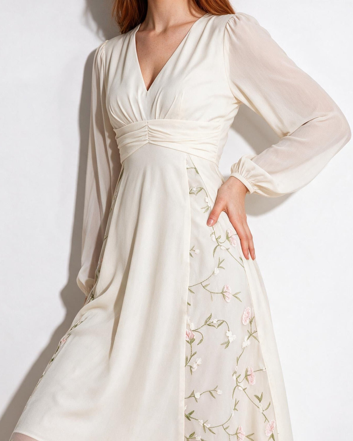 Floral Embroidered Long-Sleeve Midi Dress