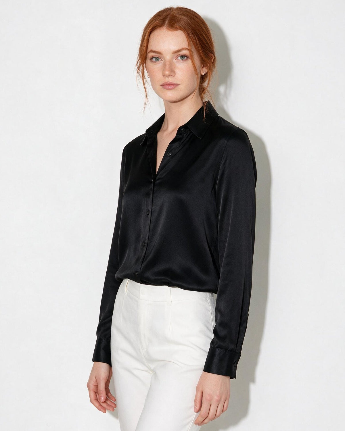 Silk Collared Long-Sleeve Blouse