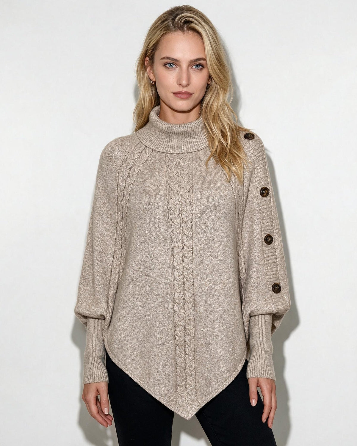 Cable-Knit Button-Shoulder Poncho Jumper