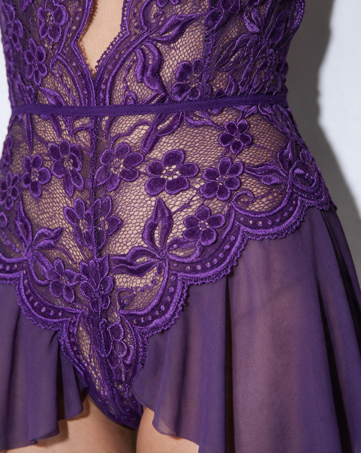 Lace Halter Teddy With Ruffle Skirt